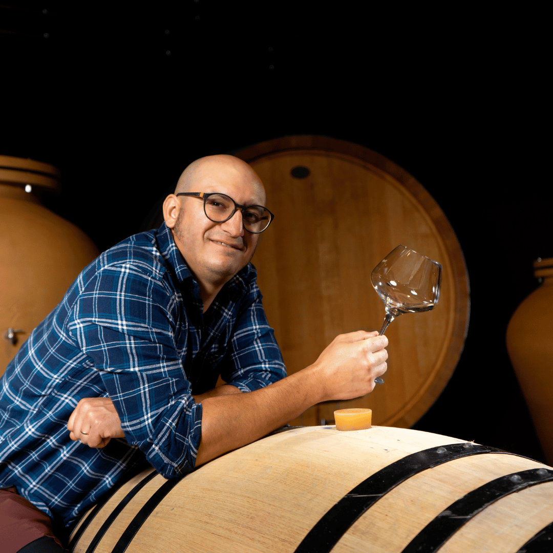 A modern winery featuring oak barrels and ceramic fermenters, a guided tasting of 5 wines paired with a local cheese and ham platter.